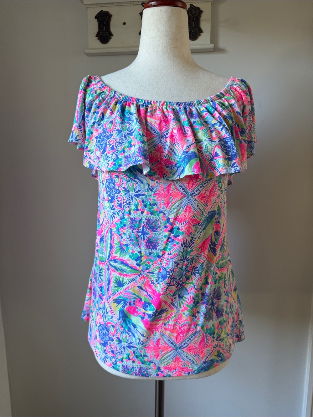 Lilly Pulitzer Dancing on the Deck Pink Blue Green Ruffled Off-Shoulder Camisole